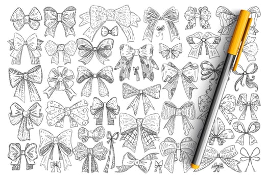 Various decorative bows doodle set. Collection of hand drawn elegant bows made of textile or ribbons for decorating presents or hair isolated on transparent background. Illustration of accessory