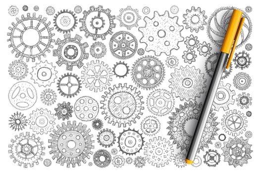 Engineering gears and wheels doodle set. Collection of hand drawn industrial gears engines for launching mechanisms of different sizes isolated on transparent background. Illustration of mechanicals