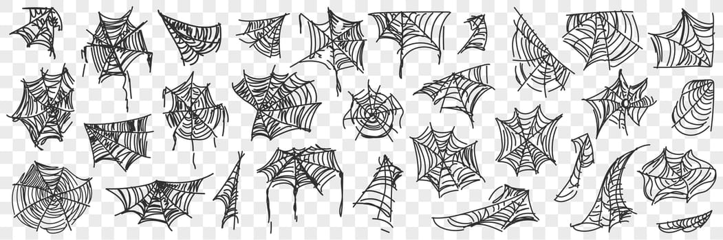 Spider web patterns doodle set. Collection of hand drawn silhouette of natural patterns of spider webs in corners on trees isolated on transparent background