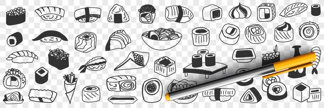 Japanese traditional foods doodle set. Collection of hand drawn asian japanese sushi rolls fish soy sauce gunkan shrimp rice noodles served in restaurants isolated on transparent background