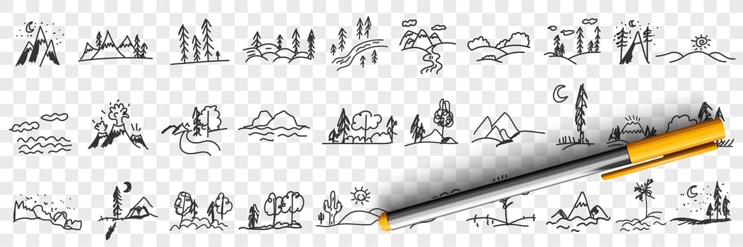 Nature landscapes and scenics doodle set. Collection of hand drawn landscapes of trees forests mountains valleys beach and seascape in silhouettes isolated on transparent background