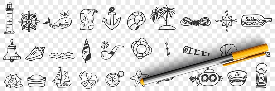 Sailing and nautical equipment doodle set. Collection of hand drawn lighthouse anchor compass sailors bottle ships boats bell seashells pipe island palms rope isolated on transparent background