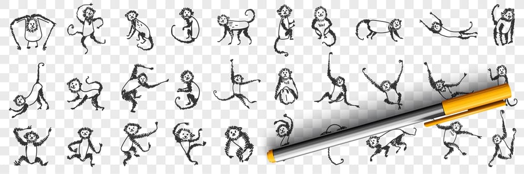 Monkeys enjoying life doodle set. Collection of hand drawn monkey animals primate playing hanging on branches and trees eating sleeping feeling happy for children isolated on transparent background