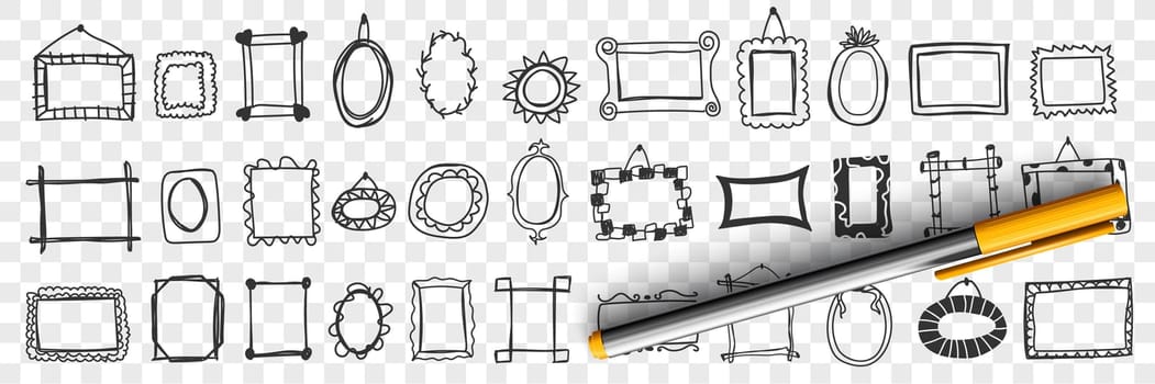 Mirrors and frames doodle set. Collection of hand drawn elegant stylish decoration frames for hanging mirrors pictures and decorating home interior isolated on transparent background