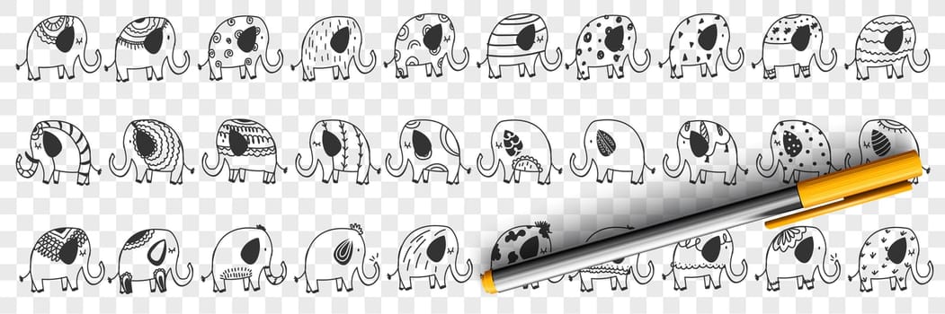 Various elephants animals doodle set. Collection of hand drawn cute funny positive elephants mammals wild animals of different patterns for children books isolated on transparent background