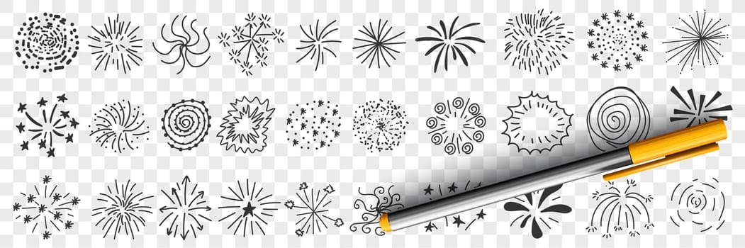 Star patterns and lines drawings doodle set. Collection of hand drawn decorative elegant patterns of stars lines splashes flash in round circle shapes isolated on transparent background