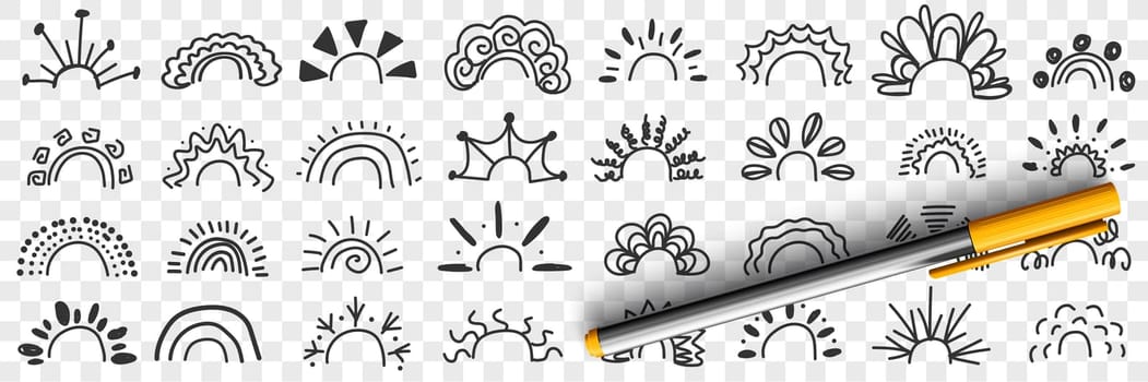 Rainbow patterns and rays drawings doodle set. Collection of hand drawn decorative elegant patterns of rainbows with rays in different shapes isolated on transparent background