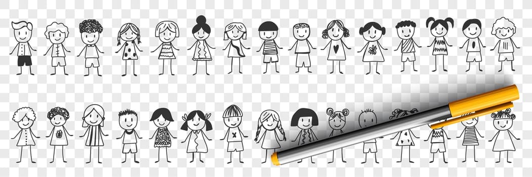 Happy boys and girls doodle set. Collection of hand drawn various smiling children boys and girls standing and feeling cheerful isolated on transparent background