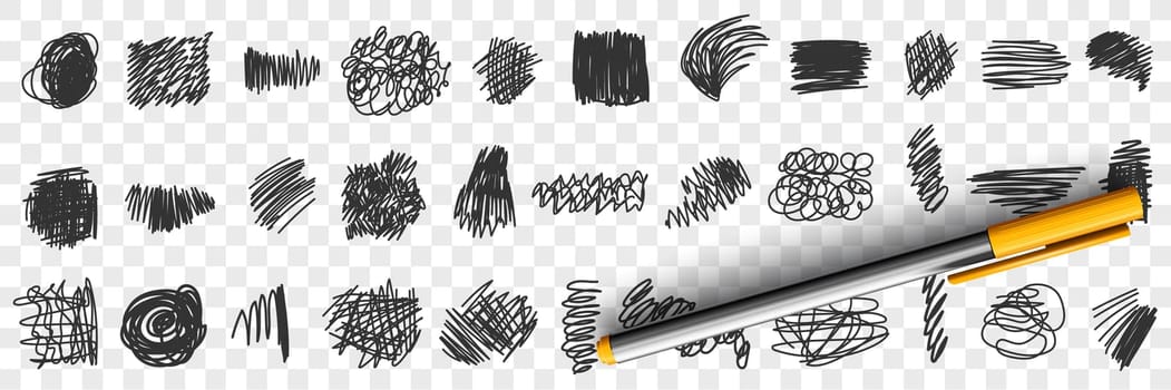 Written by pen or pencil Scribbles drawings doodle set. Collection of hand drawn scribbles of various patterns straight lines geometrical shapes isolated on transparent background