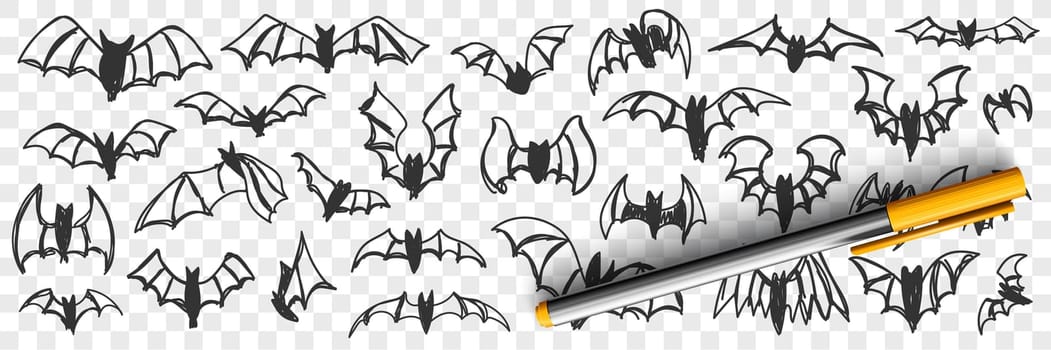 Flying bats at night doodle set. Collection of hand drawn silhouettes of bats with wings flying and sleeping hanging isolated on transparent background