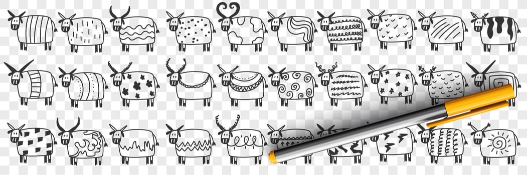 Cute cows in rows doodle set. Collection of hand drawn funny cute cows animals mammals on farm with various patterns on bodies and shapes of horns isolated on transparent background