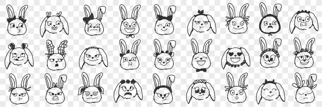Rabbit faces expressions doodle set. Collection of hand drawn various positive and negative expressions of rabbit animals faces muzzles isolated on transparent background