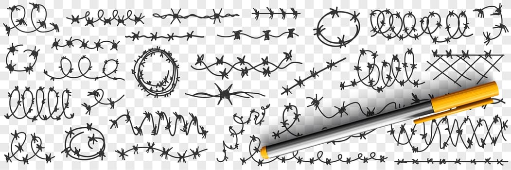 Barbed wire in prison doodle set. Collection of hand drawn various shapes of barbed wire fence protecting walls in prisons and special establishments isolated on transparent background