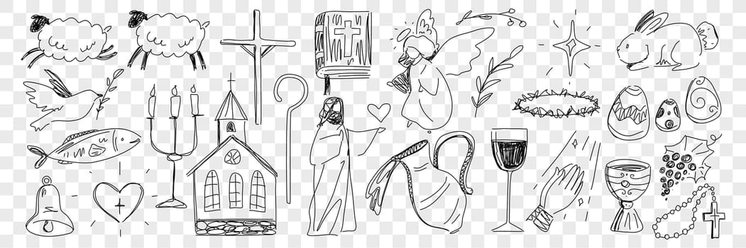 Religious symbols from bible doodle set. Collection of hand drawn jesus animals bible book holy wine in jug angels and christianity easter and festive attributes isolated on transparent background