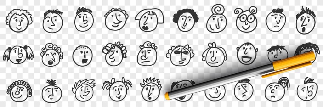 Funny children faces doodle set. Collection of hand drawn cute funny caricature girls and boys faces portrait with positive and negative facial expressions emotions isolated on transparent background