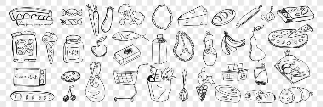 Foods from grocery purchase doodle set. Collection of hand drawn fresh bread cheese vegetables fruits eggs fish pizza cookies sweets salt dairy products bought in supermarket on transparent background