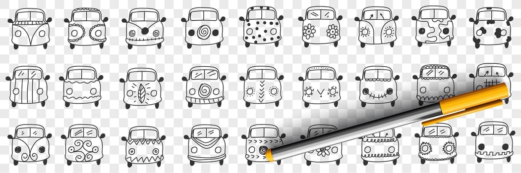 Cars hood and windshield doodle set. Collection of hand drawn cars vehicles hoods and windshields with various patterns and windows isolated on transparent background