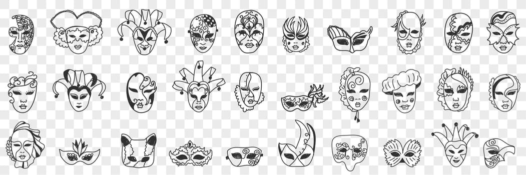 Carnival masks assortment doodle set. Collection of hand drawn various styles of decorative face masks as festival carnival costumes isolated on transparent background vector illustration