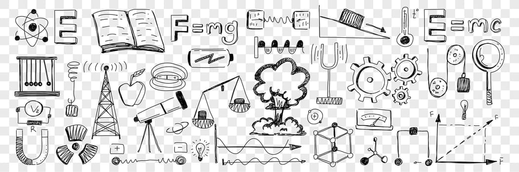 Science equipment and attributes doodle set. Collection of hand drawn formulas telescope scales architecture blueprints molecules gears equipment for laboratory and scientific research