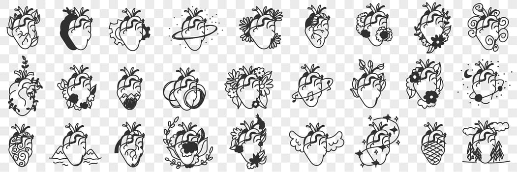 Human Hearts assortment doodle set. Collection of hand drawn various styles of heart for healthcare medicine cardiology advertisement isolated on transparent background vector illustration