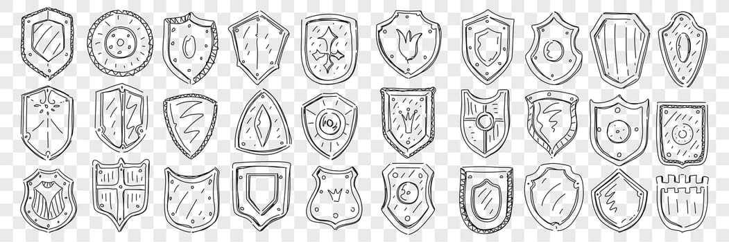 Coat of arms and symbols doodle set. Collection of hand drawn heraldic symbols on coat of arms of different shapes with patterns and family flowers on shields isolated on transparent background