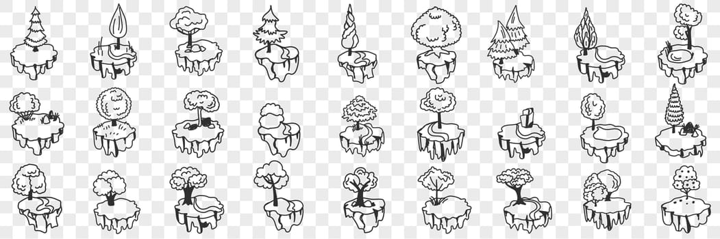 Decorative trees and plants doodle set. Collection of hand drawn various decoration for home interior trees and plants on shapes and on stands isolated on transparent background