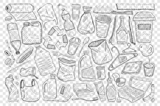Reusable household and materials for home doodle set. Collection of hand drawn toothbrush hangers sacks baskets canisters tubes and jars for keeping things at home isolated on transparent background