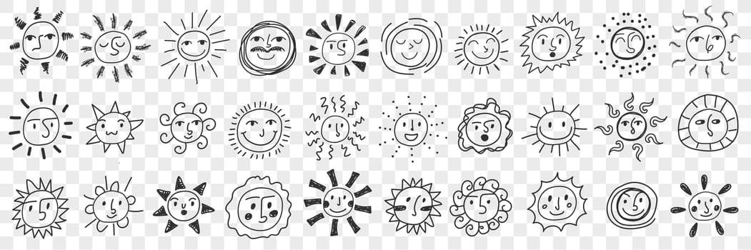 Smiling suns assortment doodle set. Collection of hand drawn various styles of positive happy smiling sun planets for children books isolated on transparent background vector illustration