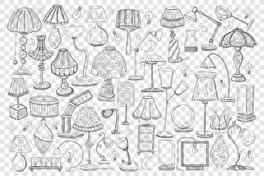 Lamps and shades doodle set. Collection of hand drawn elegant shades and lamps for home decoration of various sizes and shapes isolated on transparent background
