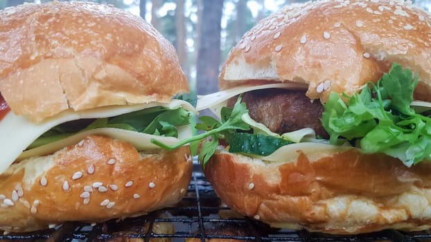 Close-up of two large DIY hamburgers in the park on a barbecue, rest and cooking on a picnic in the summer, food, delicious, bright colors. Unhealthy food concept. Fast food