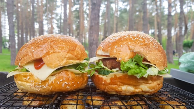 Close-up of two large DIY hamburgers in the park on a barbecue, rest and cooking on a picnic in the summer, food, delicious, bright colors. Unhealthy food concept. Fast food