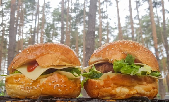 Close-up of two large DIY hamburgers in the park on a barbecue, rest and cooking on a picnic in the summer, food, delicious, bright colors. Unhealthy food concept. Fast food