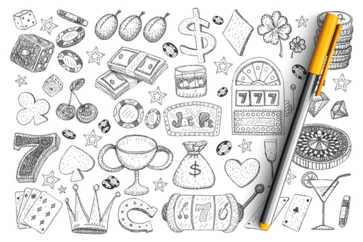 Gambling accessories and tools doodle set. Collection of hand drawn casino, playing cards, trophy, money, coins, bets, chips, cash for playing isolated on transparent background