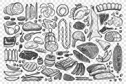 Meat doodle set. Collection of grocery lamb pig cow steak roast beef sausage chicken bacon ribs for grill bbq isolated on transparent background. Animal product food meal barbecue slices illustration.