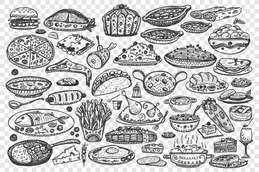Food doodle set. Collection of hand drawn various different kind of meal dishes isolated on transparent background. Meat pizza fish and fast food hamburger or healthy vegetables fruits illustration.