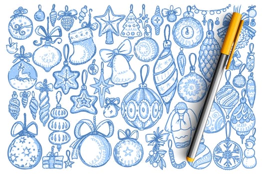 Christmas decorations doodle set. Collection of different hanging xmas coniferous tree toys decorative balls isolated on white background. New Year symbol holiday celebration illustration.