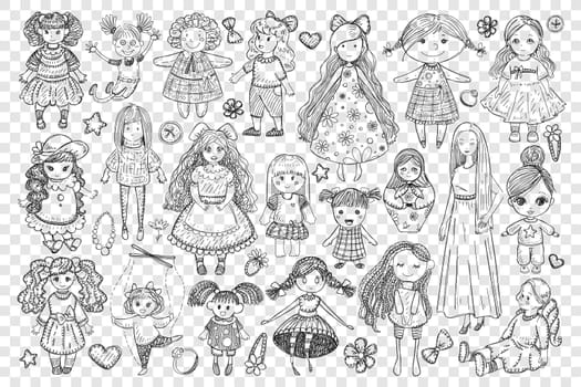 Dolls and toys for girl doodle set. Collection of hand drawn handmade dolls toys in dress with long hair for small girls games play isolated on transparent background