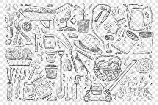 Farmers tools for gardening doodle set. Collection of hand drawn shovel basket hats and boots scissors watering can rake for taking care of plants in garden isolated on transparent background