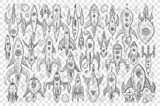 Rockets during flight doodle set. Collection of hand drawn various rockets spaceships during flight with engines and wings isolated on transparent background