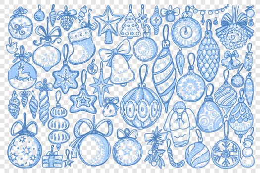 Christmas decorations doodle set. Collection of different hanging xmas coniferous tree toys decorative balls isolated on transparent background. New Year symbol holiday celebration illustration.