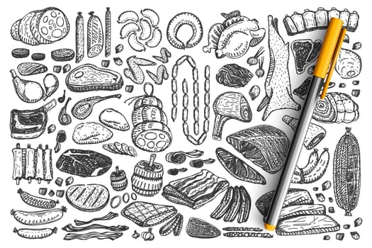 Meat doodle set. Collection of grocery store lamb pig cow steak roast beef sausage chicken bacon ribs for grill bbq isolated on white background. Animal product food meal barbecue slices illustration.