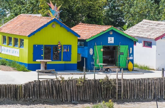 Colorful cabins on the harbor of Château d'Oléron, on the island of Oléron in France