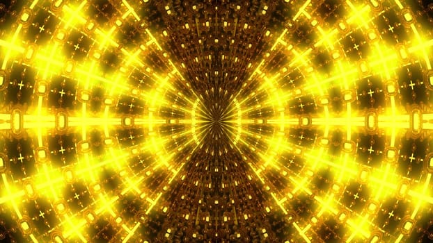 3D rendering radiation from the center of golden flickering particles on a black background, computer generated abstract background