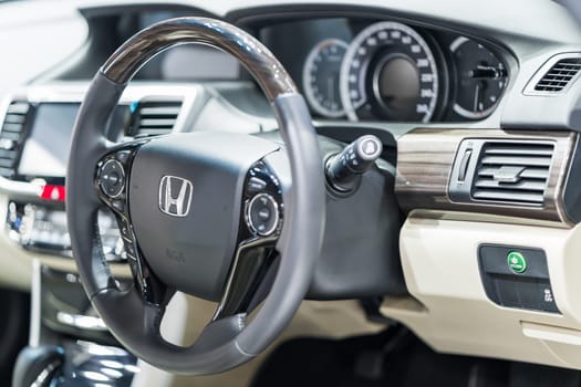 Saraburi Thailand - April 8 , 2018 : View of the inside Honda car control board and  steering wheel