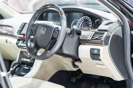 Saraburi Thailand - April 8 , 2018 : View of the inside Honda car control board and  steering wheel
