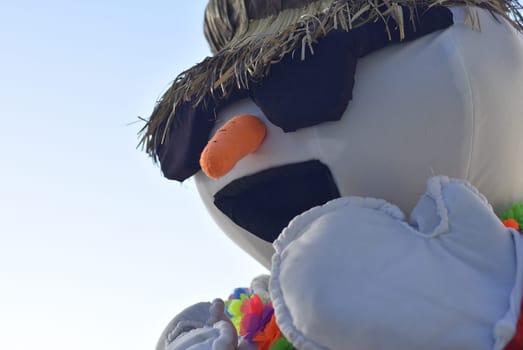 Snowman mascot close up detail with blurred background