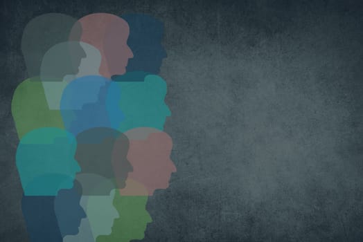 Silhouettes of faces in different colours, face from the side