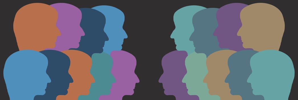 Silhouettes of faces in different colours, face from the side