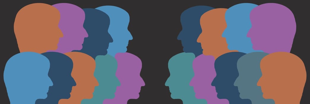 Silhouettes of faces in different colours, face from the side