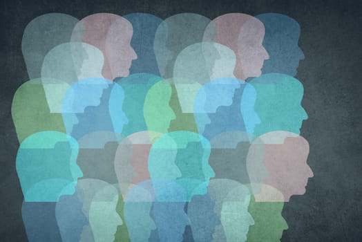 Silhouettes of faces in different colours, face from the side